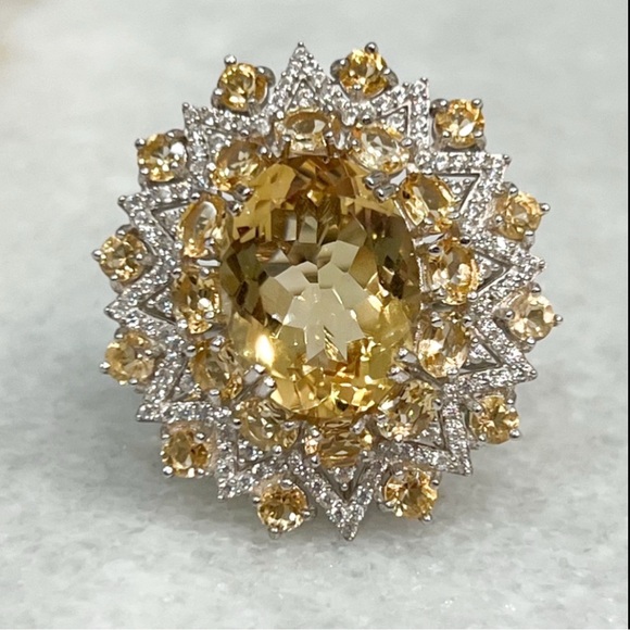 BrazilianCitrine White Zircon LARGE Sterling Silver Sunburst Statement Ring - Picture 11 of 11